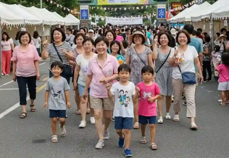 활기 넘치는 여름 축제에서 즐거운 시간을 보내는 사람들의 모습입니다.