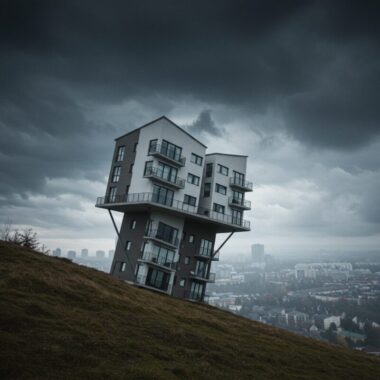불안정한 지지대 위에 세워진 듯한 아파트 단지를 통해 예측하기 어려운 시장 상황을 상징적으로 표현.