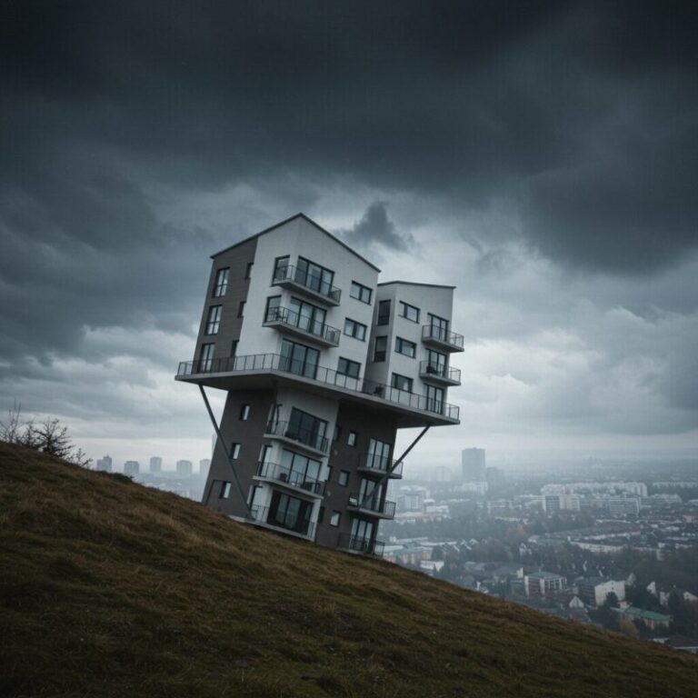 불안정한 지지대 위에 세워진 듯한 아파트 단지를 통해 예측하기 어려운 시장 상황을 상징적으로 표현.