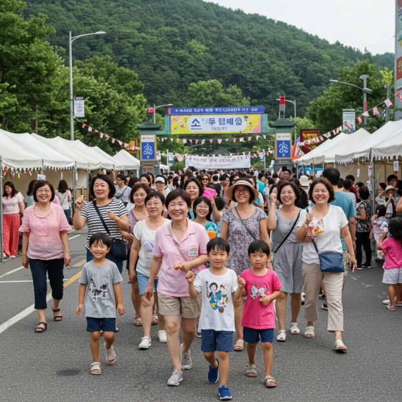 활기 넘치는 여름 축제에서 즐거운 시간을 보내는 사람들의 모습입니다.