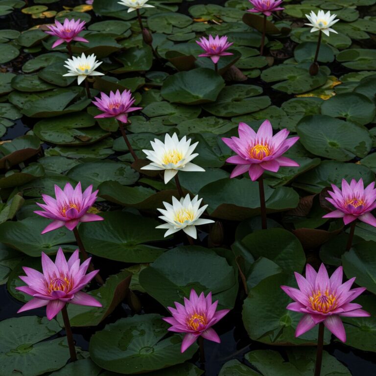 고요한 연못에서 아름답게 피어난 연꽃들의 모습입니다.