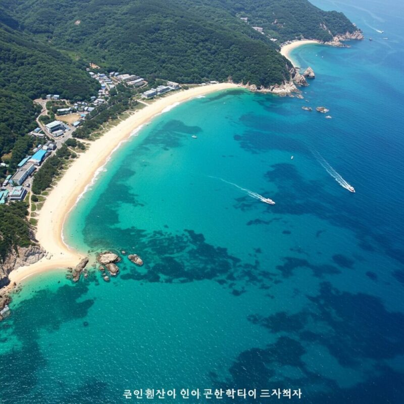 푸른 바다와 하얀 모래사장이 아름다운 한국의 여름 해변 풍경입니다.