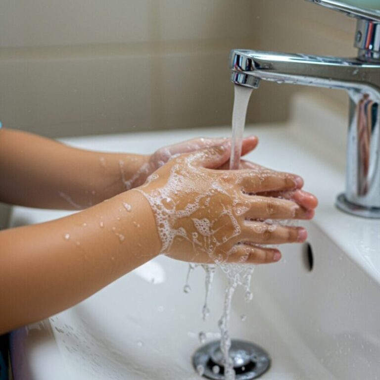 흐르는 물과 비누로 깨끗하게 손을 씻는 아이의 모습입니다.