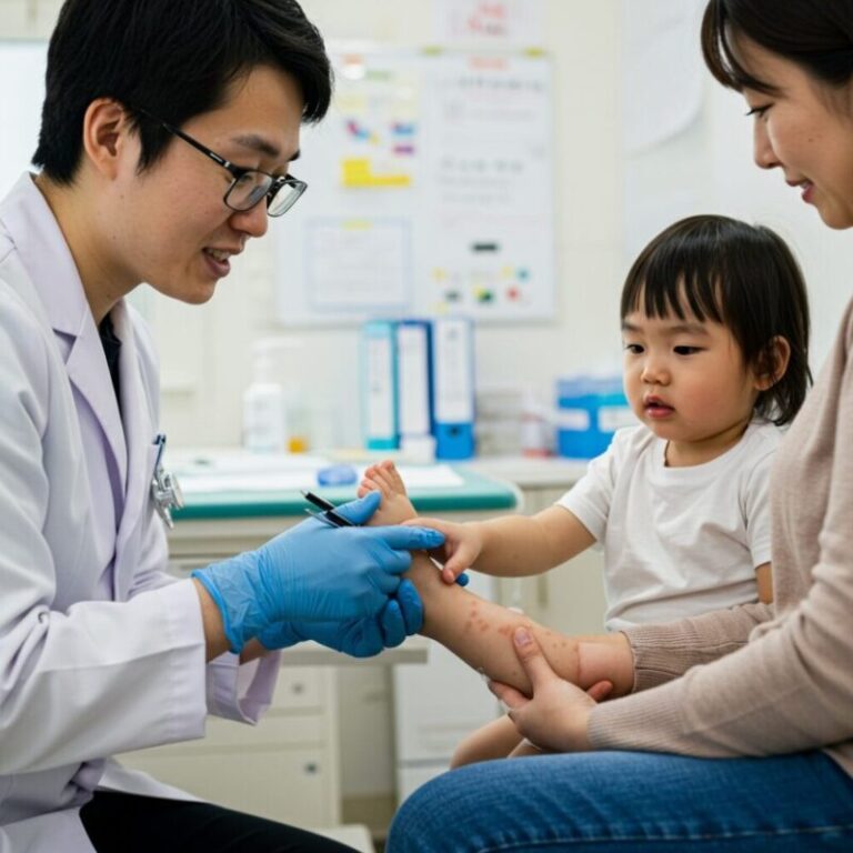 의사가 아이의 손을 살펴보며 진료하는 모습입니다.