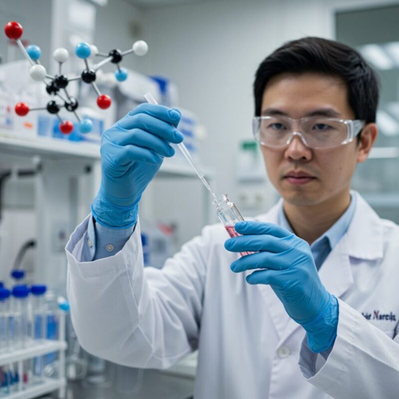 깨끗한 실험실에서 연구자가 샘플이 담긴 작은 유리병을 조심스럽게 들고 있는 모습입니다.