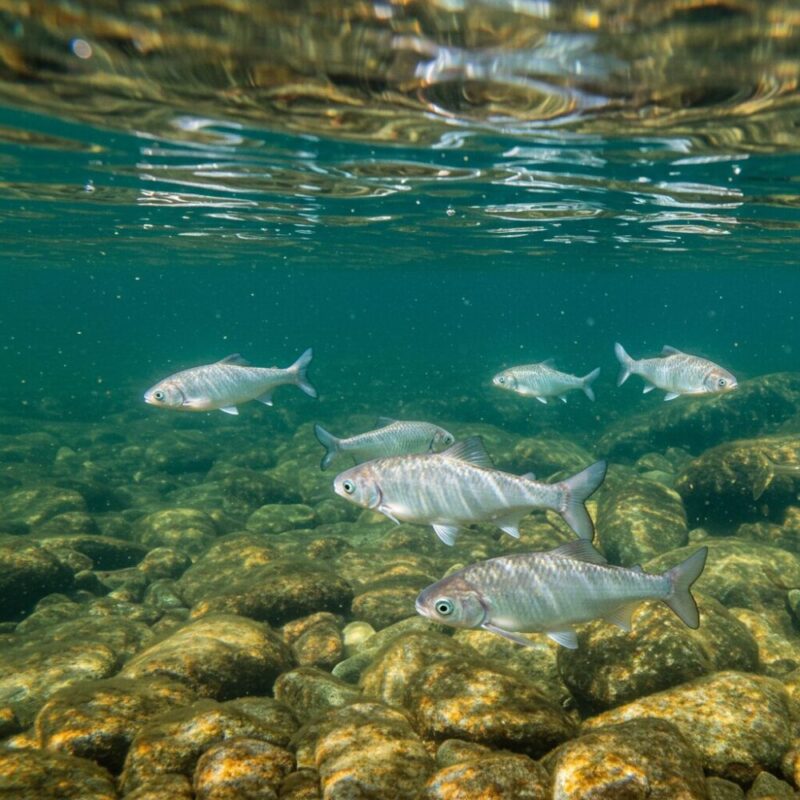 맑고 깨끗한 내성천에서 헤엄치는 은어들의 생생한 수중 모습입니다.