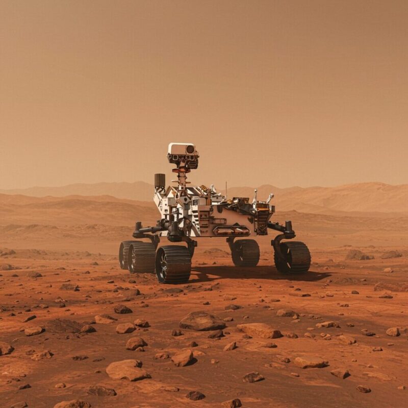 NASA의 퍼서비어런스 로버가 화성 예제로 분화구 근처에서 탐사하는 모습입니다.