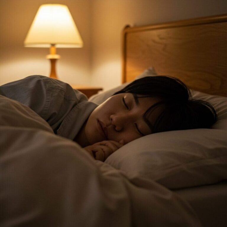 따뜻하고 편안한 공간에서 깊이 잠든 사람의 모습입니다.