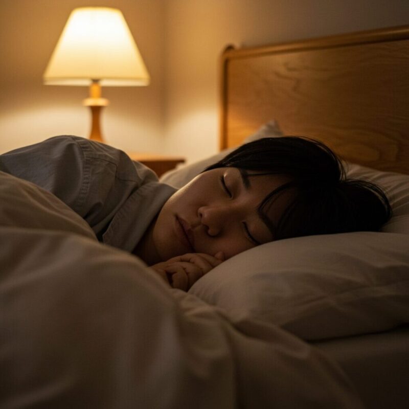 따뜻하고 편안한 공간에서 깊이 잠든 사람의 모습입니다.