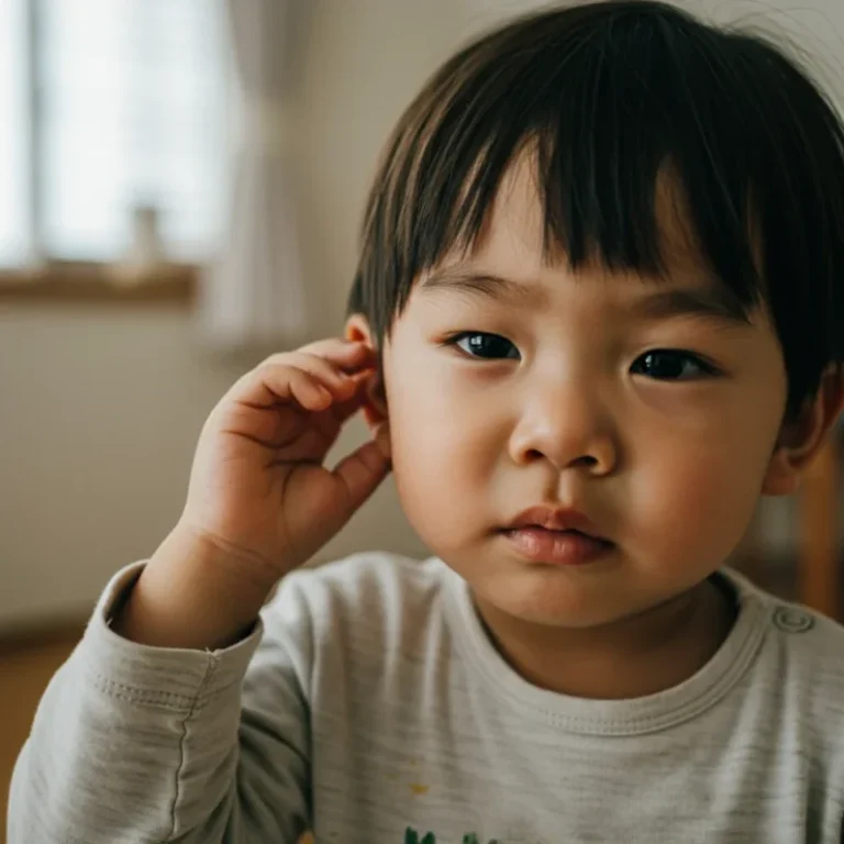 귀에 불편함을 느끼는 어린아이의 모습입니다.
