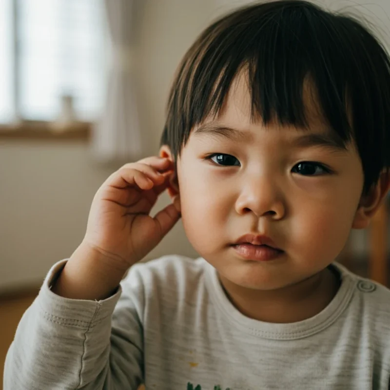 귀에 불편함을 느끼는 어린아이의 모습입니다.
