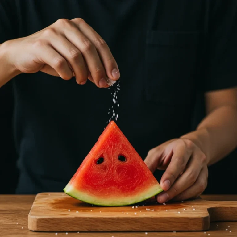 한 동양인의 손이 수박에 소금을 뿌리는 모습으로, 맛의 새로운 경험을 시사합니다.