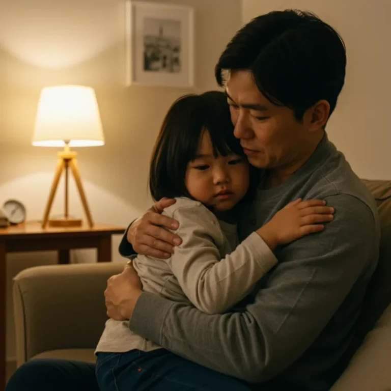 아픈 아이를 부모가 따뜻하게 안아주고 있습니다.