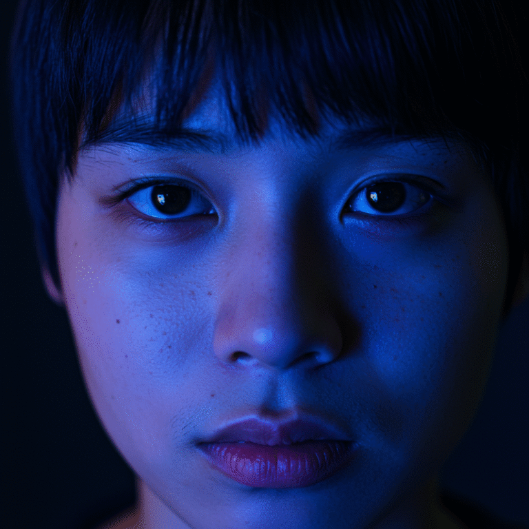 스마트폰 화면 빛에 비친 피로한 눈동자.