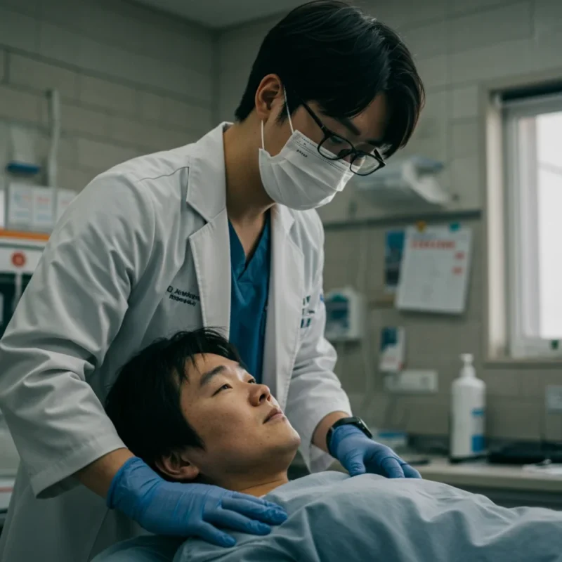 위급한 순간, 전문적인 의료 지원을 받는 모습입니다.