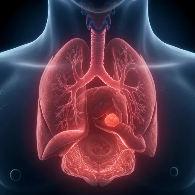 염증으로 좁아진 기관지의 모습을 사실적으로 묘사한 이미지입니다.