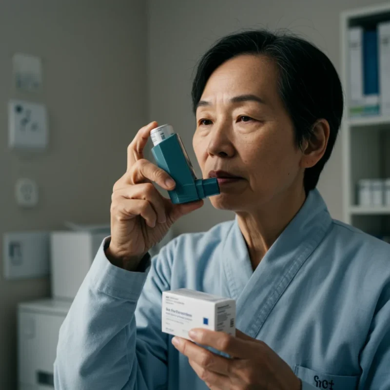 천식 환자가 흡입기를 사용하여 증상을 관리하는 모습입니다.