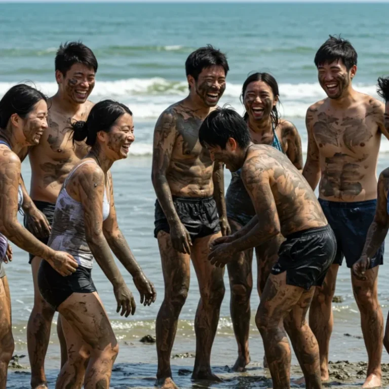 머드를 즐기며 웃는 사람들의 행복한 순간을 담았습니다.
