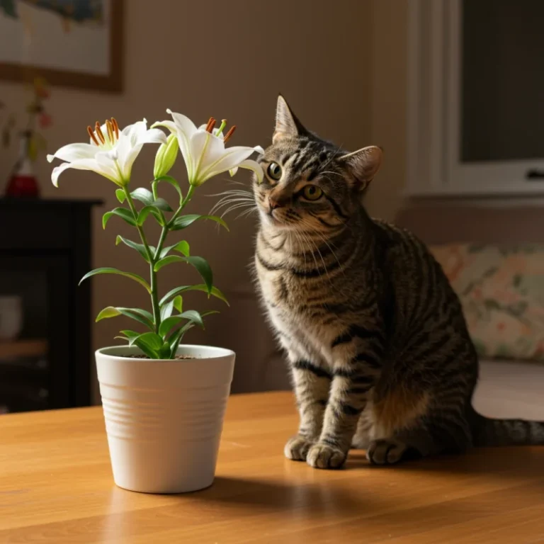 거실 탁자 위 화분에 놓인 백합을 호기심 어린 표정으로 킁킁거리는 고양이의 모습.