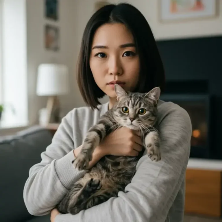 사랑스러운 고양이를 안고 반려동물 안전에 대한 부드러운 우려를 표현하는 동양인 여성의 모습.
