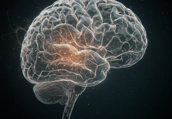 외부의 미묘한 영향력을 받는 듯한 인간 뇌의 추상적인 모습.