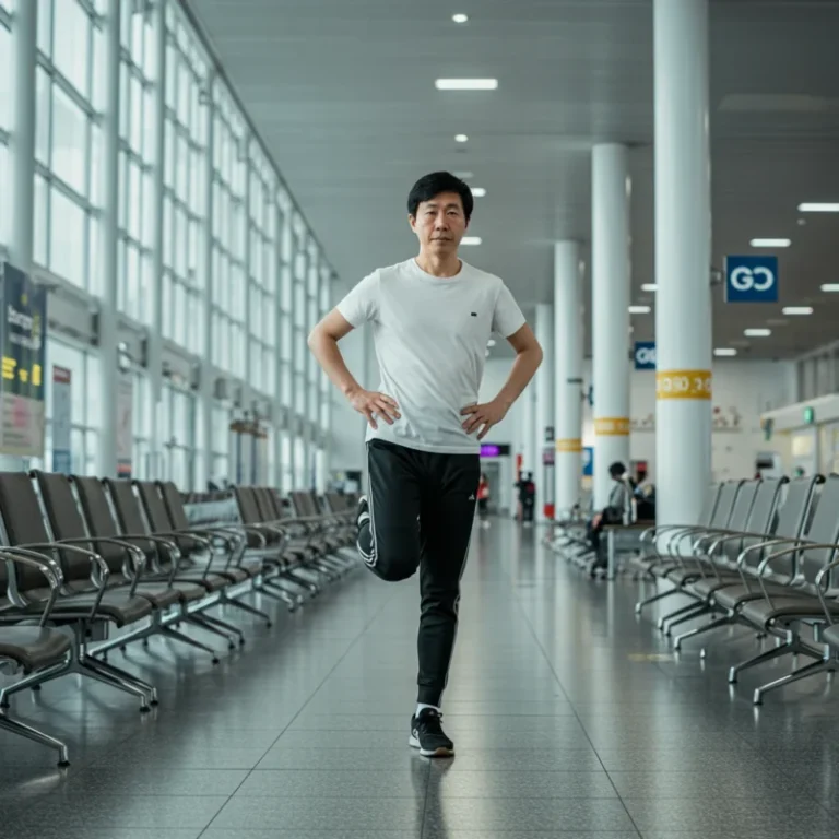 장시간 앉아있을 때 혈액순환을 돕기 위해 다리를 스트레칭하는 모습입니다.