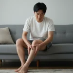 다리 통증과 피로를 느끼며 종아리를 마사지하는 사람의 모습입니다.