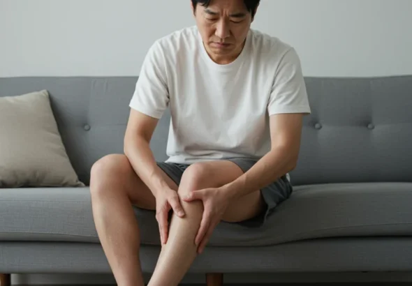 다리 통증과 피로를 느끼며 종아리를 마사지하는 사람의 모습입니다.