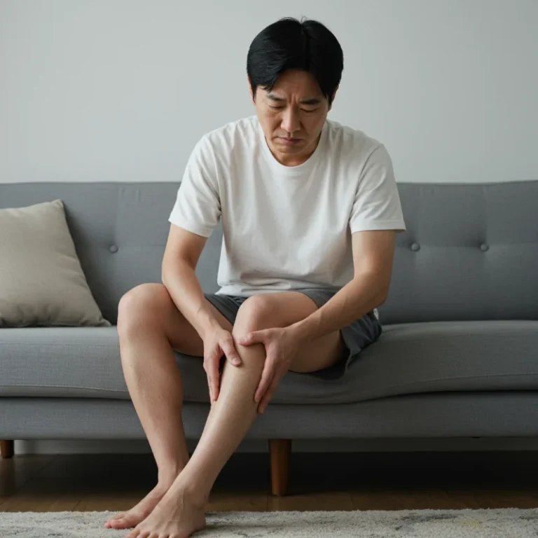 다리 통증과 피로를 느끼며 종아리를 마사지하는 사람의 모습입니다.