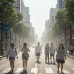 기록적인 폭염 속, 뜨거운 아스팔트 위로 열기가 아지랑이처럼 피어오르는 도시 거리의 모습입니다.