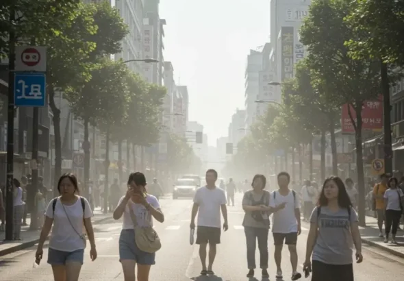 기록적인 폭염 속, 뜨거운 아스팔트 위로 열기가 아지랑이처럼 피어오르는 도시 거리의 모습입니다.