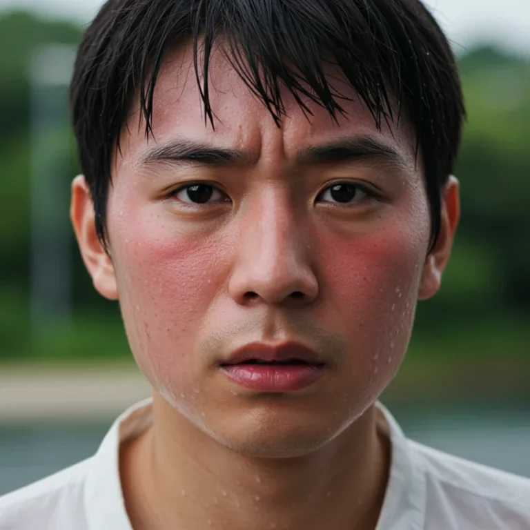 폭염으로 인해 얼굴이 붉어지고 땀을 흘리며 불편함을 느끼는 사람의 모습입니다.