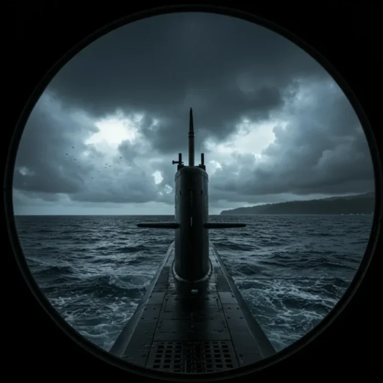 긴장감이 감도는 잠수함의 periscope 시점 이미지입니다.