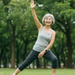 공원에서 가볍게 스트레칭하며 건강을 관리하는 활동적인 한국인 노년 여성.