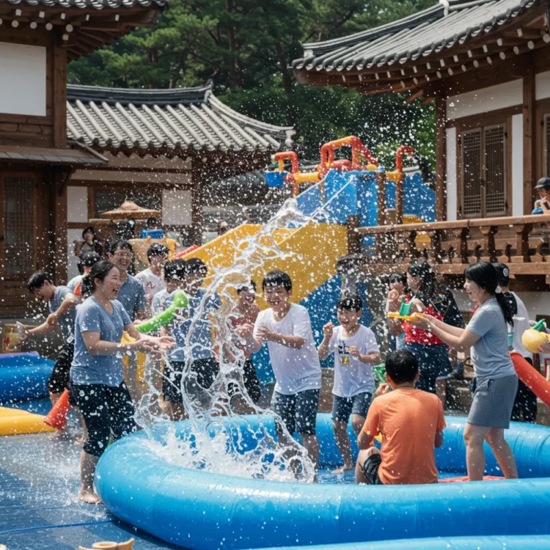 전통 가옥들이 있는 한국 민속촌에서 사람들이 신나는 물싸움을 즐기는 여름 축제 풍경입니다.