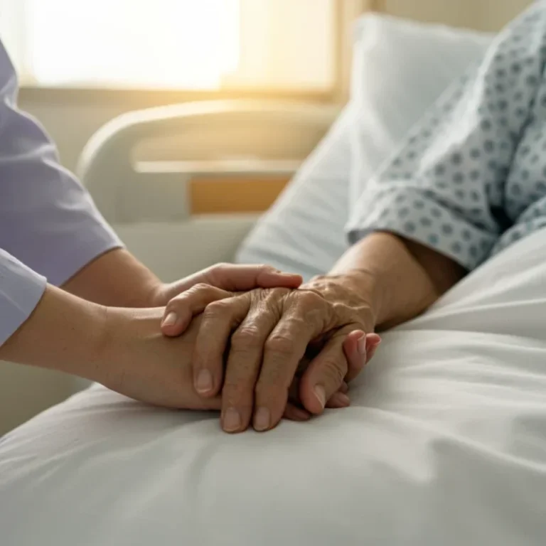 환자의 손을 따뜻하게 잡아주며 위로와 안전을 전하는 모습입니다.