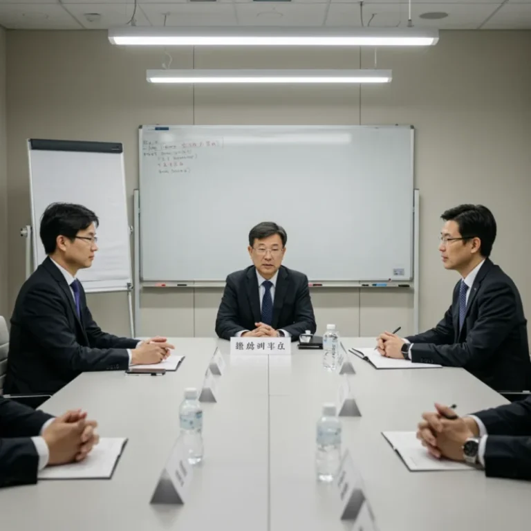 의료 분쟁 당사자들이 중재자와 함께 차분하게 대화하는 모습입니다.
