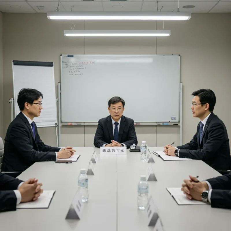 의료 분쟁 당사자들이 중재자와 함께 차분하게 대화하는 모습입니다.