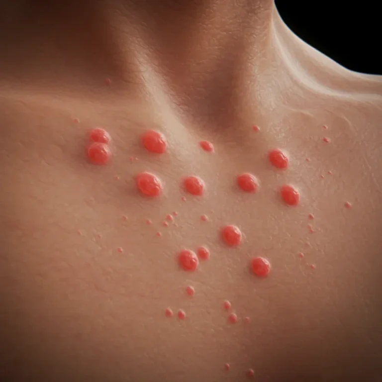 붉고 부어오르는 피부 두드러기 증상을 클로즈업한 이미지입니다.