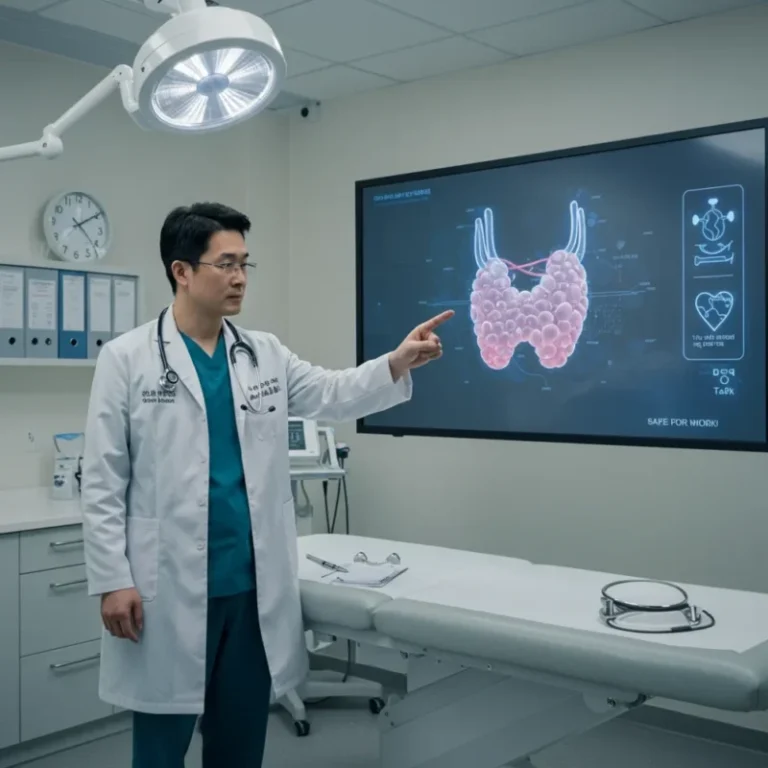 의사가 환자에게 갑상선 상태에 대해 설명하는 모습입니다.