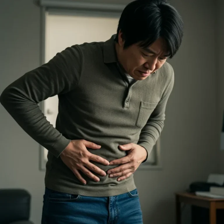 복부 불편감을 느끼는 사람이 스트레스를 받는 듯한 모습입니다.