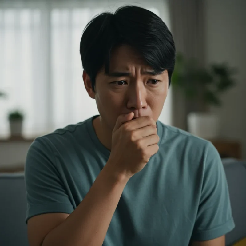 기침이 2주 이상 지속되어 불편함과 걱정을 느끼는 사람의 모습입니다.