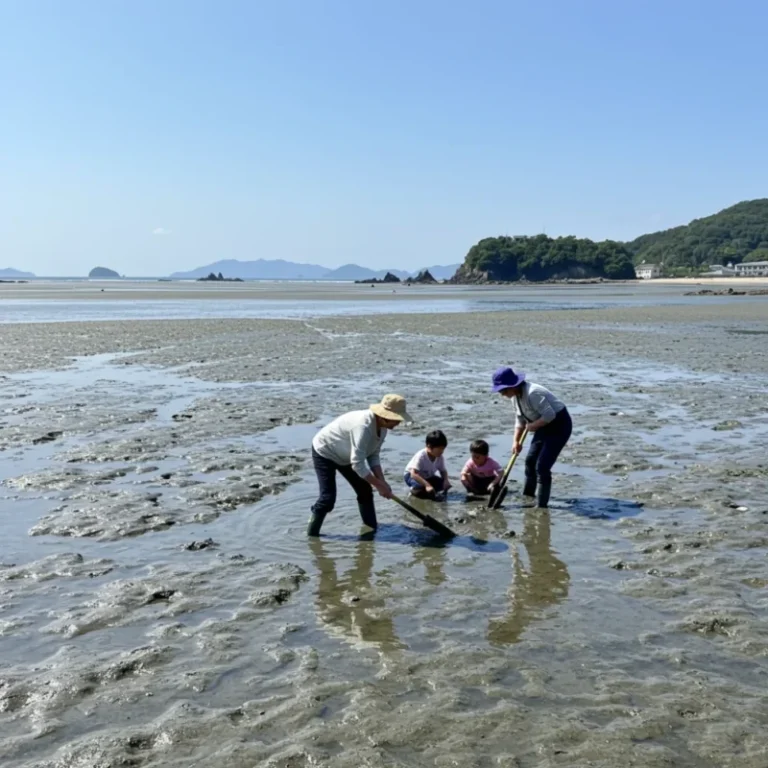 넓은 갯벌에서 조개를 잡으며 즐거운 시간을 보내는 모습입니다.