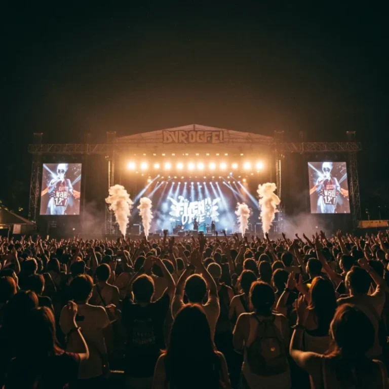 밤에 열리는 록 페스티벌에서 열광하는 관중의 역동적인 모습입니다.