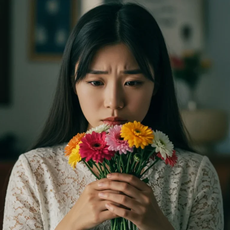 다채로운 꽃다발을 소중히 들고 있는 여성의 모습입니다.