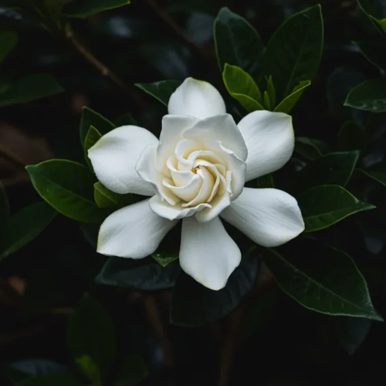 짙은 녹색 잎 사이에서 아름답게 피어난 하얀 치자꽃의 모습입니다.