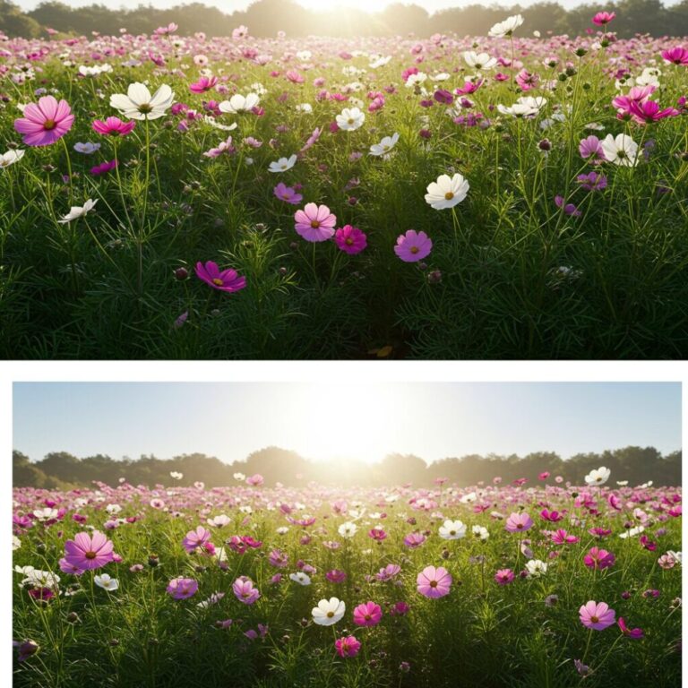 따뜻한 여름 햇살 아래 활짝 핀 코스모스 들판