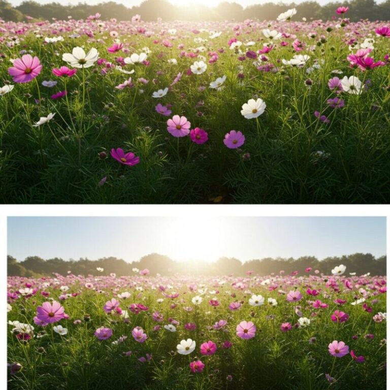 따뜻한 여름 햇살 아래 활짝 핀 코스모스 들판