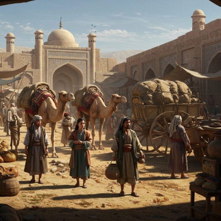 실크로드를 따라 활발하게 교역하는 다양한 상인들.