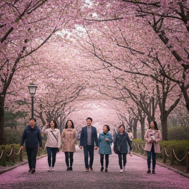 아름다운 벚꽃 길에서 봄날을 즐기는 사람들의 모습입니다.